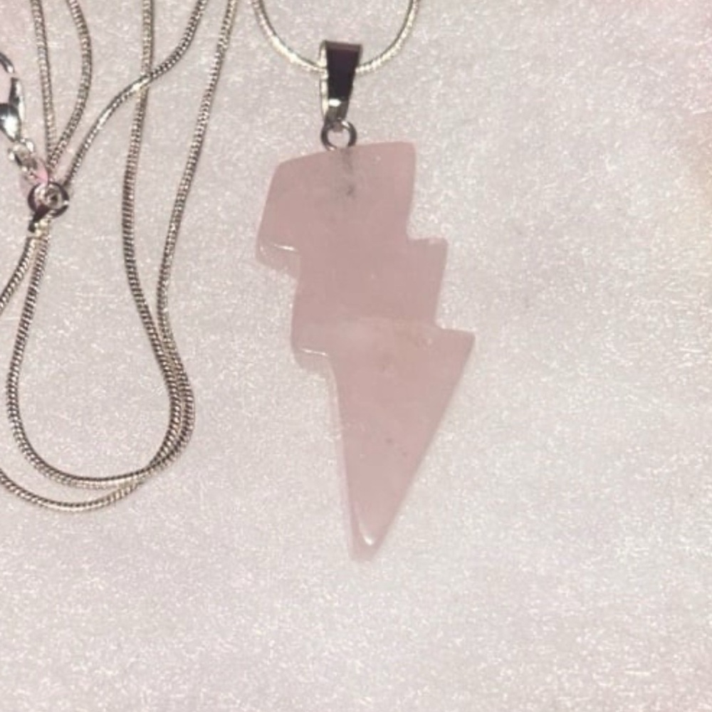 Boho hippie Rose Quartz Crystal Lightning Bolt Pendant 24” Necklace